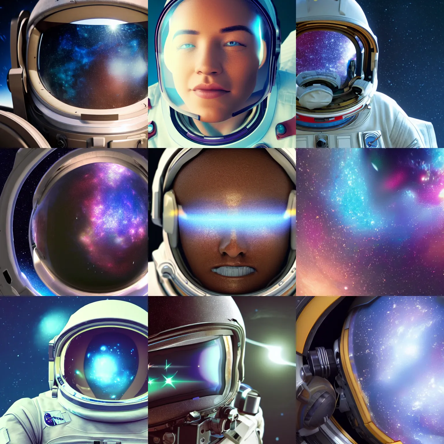 Prompt: galaxy in a astronaut visor, close up, octane render realistic lighting textures hyper realistic details beautiful colors