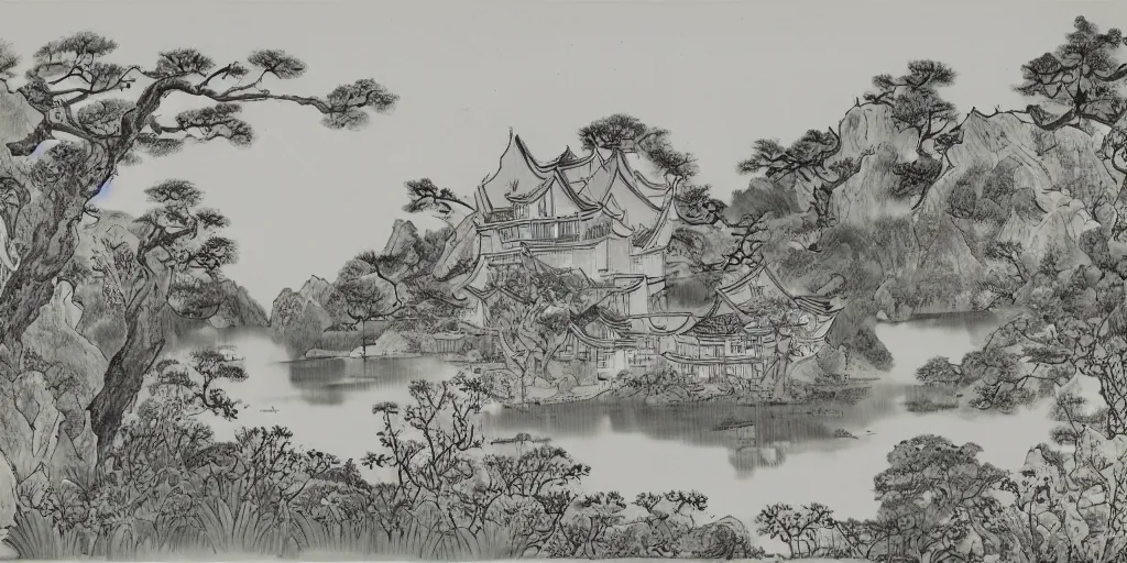 Image similar to summer manor with peony flowers and lake, chinese ink painting