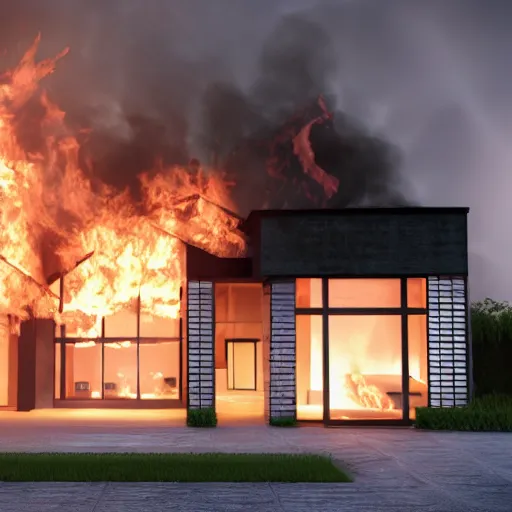 Prompt: complex 3 d render hyper detailed ultra sharp aesthetic house on fire, medium portrait, close - up, bright 3 point light