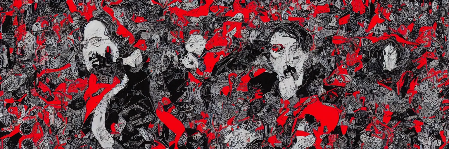 Prompt: paranoia man black and red colors radiohead, illustrator art by james jean