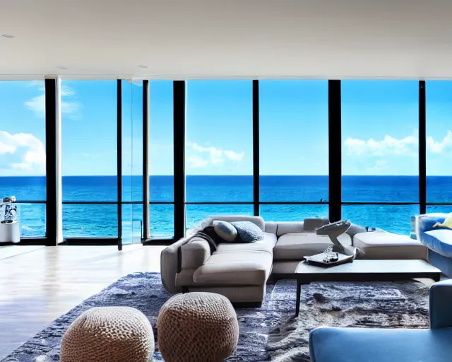 Image similar to A modern living room in a ocean hues style, ocean view, calm, relaxed style, harmony, wide angle shot, 8k resolution