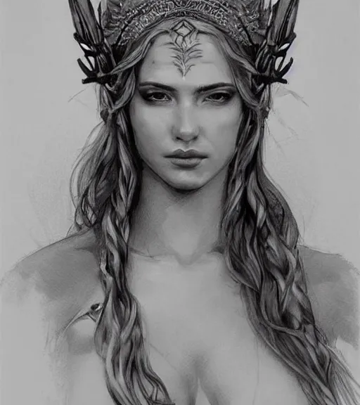 Image similar to beautiful aphrodite goddess wearing an arrow on her head, realistic face, beautiful eyes, black and white drawing, in the style of greg rutkowski, fantasy, amazing detail, epic, intricate, elegant, smooth, sharp focus