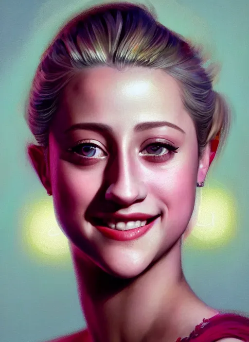 Image similar to portrait of lili reinhart, smiling kindly, bangs, 1 9 6 0 s, ponytail, bangs and ponytail, intricate, elegant, glowing lights, highly detailed, digital painting, artstation, concept art, smooth, sharp focus, illustration, art by wlop, mars ravelo and greg rutkowski