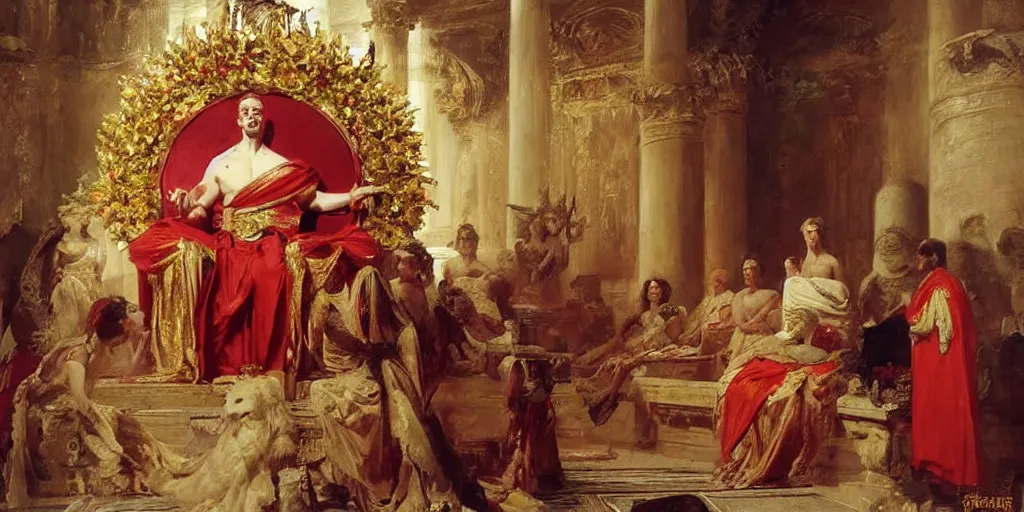 Image similar to beautiful oil painting, steve buscemi in royal crimson robes enthroned as the god emperor of ancient rome a golden wreath upon his head, by anders zorn, wonderful masterpiece by greg rutkowski, beautiful cinematic light, american romanticism, by thomas lawrence, greg rutkowski