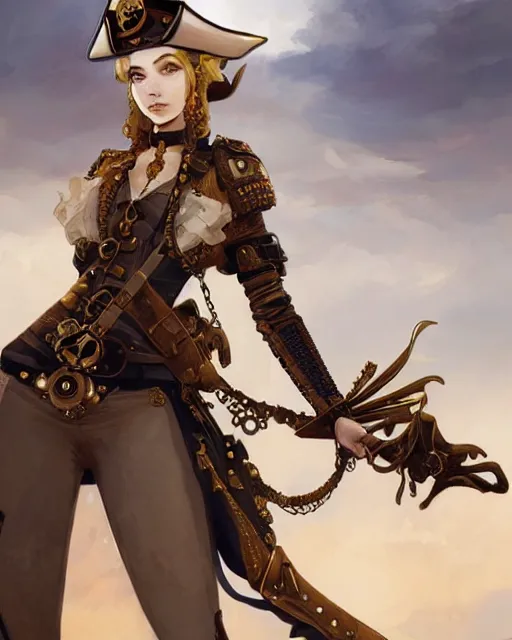 Prompt: a beautiful 2D illustration of a young female steampunk pirate wearing leather armor on gold and red trimmings on green, by Charlie Bowater, tom bagshaw, Artgerm and Lois Van Baarle, very cool pose, pirate ship with an epic sky background, slightly smiling, cinematic anime lighting and composition, fantasy painting, very detailed, ornate, trending on artstation and pinterest, deviantart, google images