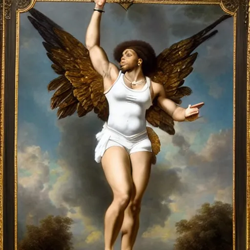 Image similar to Full body Portrait of Serena Williams as Nike Goddess, large wings, luxuriant, dreamy, eternity, romantic, strong pose, highly detailed, in the style of Franz Xaver Winterhalter, highly detailed, in the style of Aetherpunk