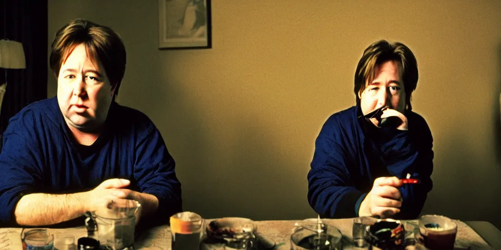 Image similar to award winning photo of BILL HICKS smoking weed in new york, vivid colors, happy, symmetrical face, beautiful eyes, studio lighting, wide shot art by gregory crewdson