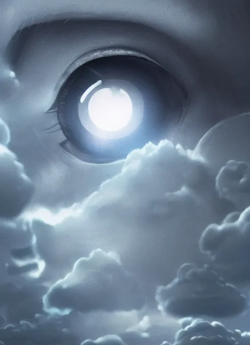 Image similar to eye in the clouds, style of Feng Zhu, Artstation, unique features, volumetric lighting, detailed, octane render, cinematic, 8k, retro sci fi film,