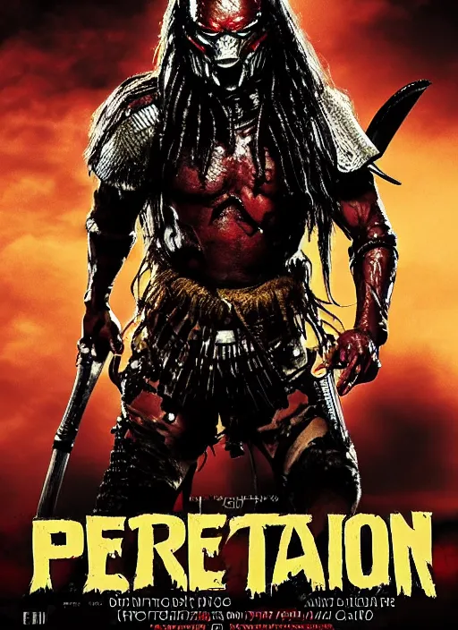 Image similar to movie poster for predator film shot in feudal japan staring hiroyuki sanada as a disgraced ronin who hunts down the predator after he fails to protect his master from it. in the style of al kallis, reynold brown, h. r. geiger.