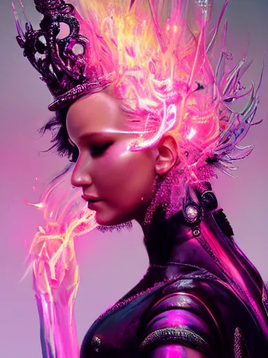 Image similar to pink portrait of beautiful female angel queen Jennifer Lawrence head wearing shiny pink crown, subtle purple accents, hyper details, black metal rococo, sculpted by Alex Alice, Craig Mullins, yoji shinkawa, trending on artstation, beautifully lit, Peter mohrbacher, hyper detailed, insane details, intricate, elite, elegant, luxury, ray of light through smoke, CGsociety, hypermaximalist, golden ratio, volumetric, octane render, weta digital, micro details, 3d sculpture