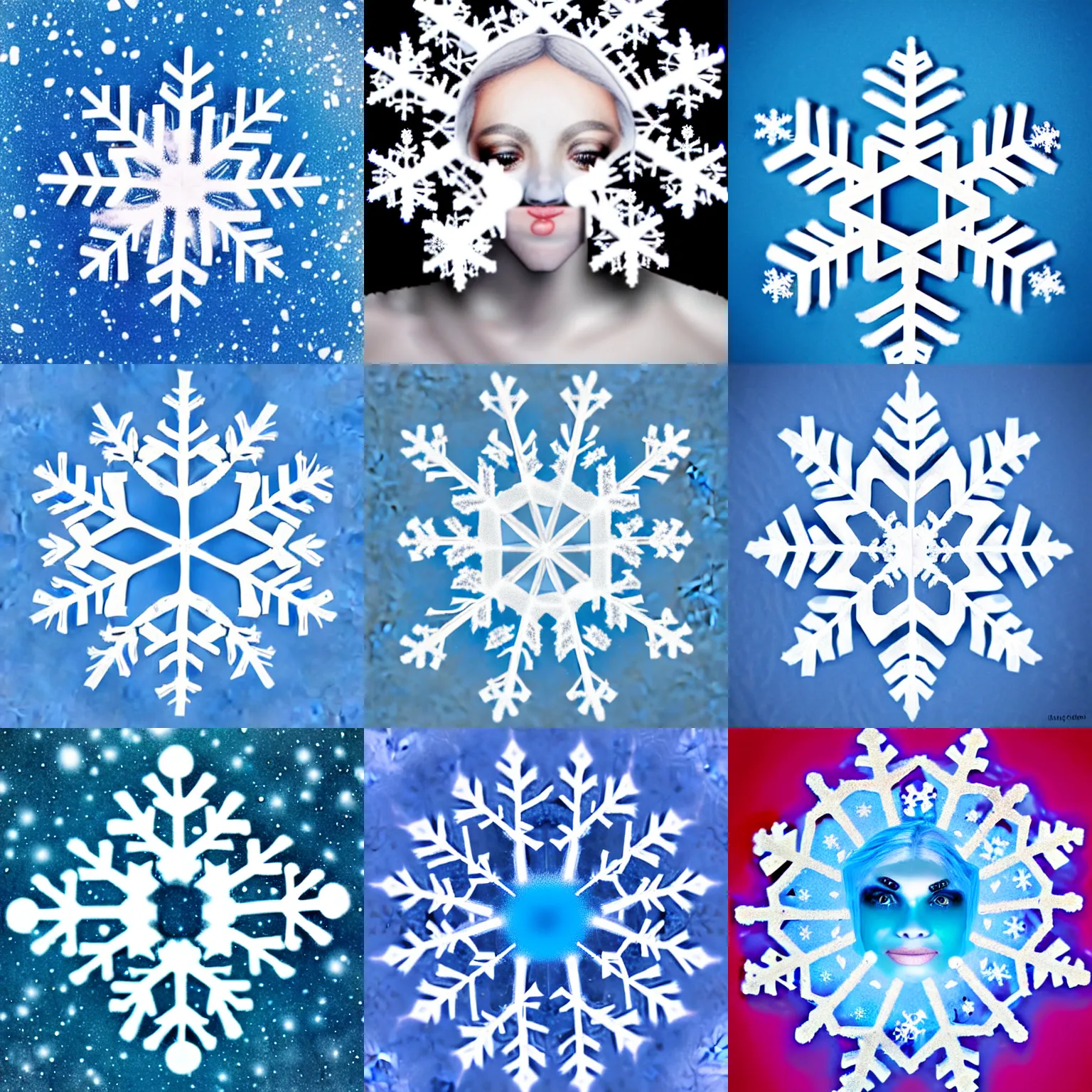 Prompt: surreal photography snowflake with embedded ice princess face