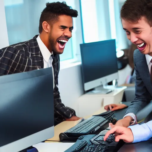 Image similar to young office workers not doing any work on computers and laughing