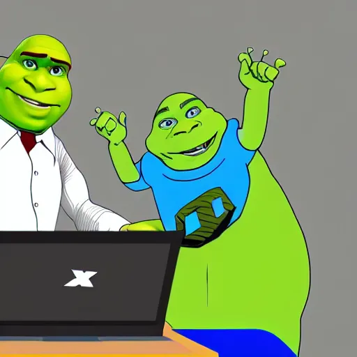 Image similar to stock photo of shrek calculating his taxes, spectacles without border on the end of his nose, microsoft excel 2002 bootcamp instructor