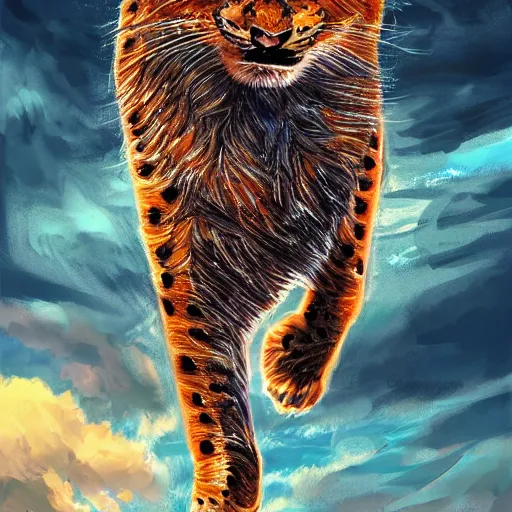 Prompt: Big cat fly in the sky,fly in the sky,with thunder,highly detailed ,digital painting,trending on artstation