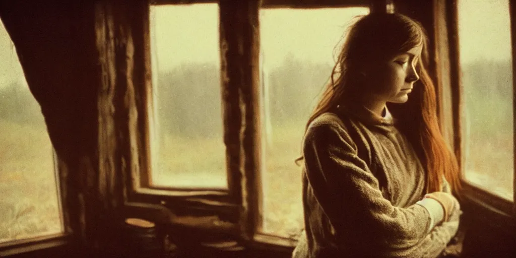 Image similar to portrait bust of young woman, tired expression, faded color film, russian cinema, tarkovsky, kodachrome, inside old cabin, next to window, heavy forest outside, long brown hair, old clothing, heavy fog, brown color palette, sunset, low light, hudson river school, 4 k, dramatic lighting, greg rutkowski