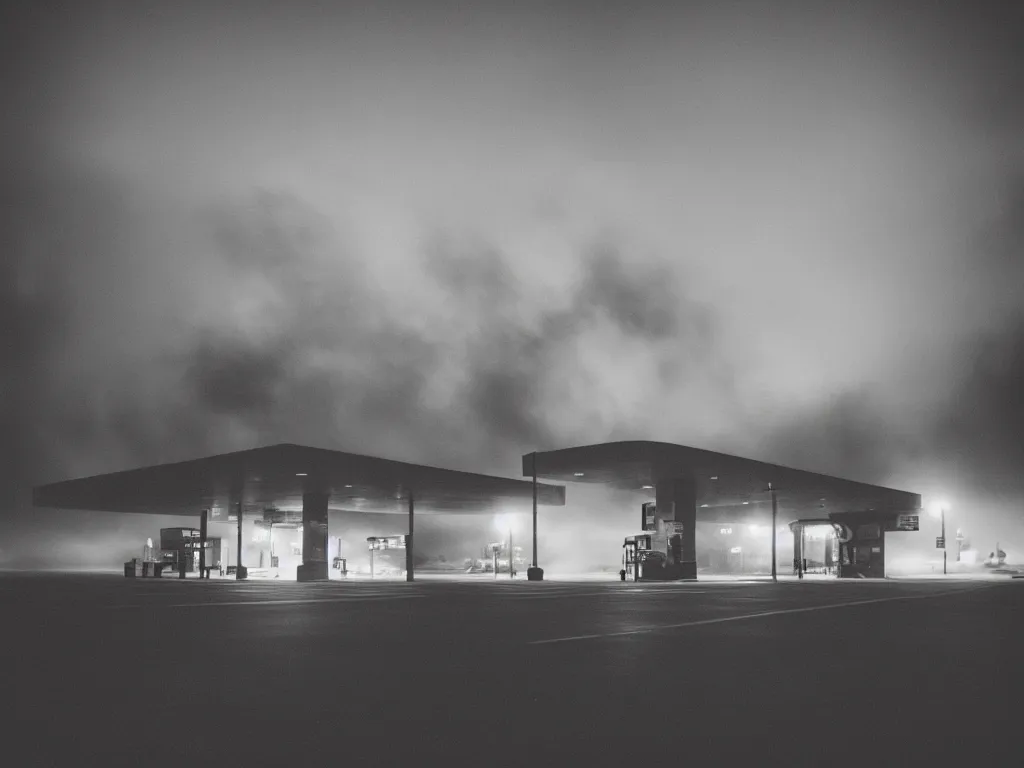 Prompt: “35mm film photography of gas station , fog, night, mood, atmospheric, full colour, digital photography, finished in Lightroom”