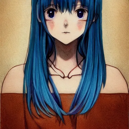 Image similar to Beautiful lonely girl, blue hair, symmetrically, smiling, anime style, pixiv, pinterest anime, full color, colorful, artist Steve Hanks, artist Alyssa Monks, endless summer art, artist WLOP artstation, artist Mam BA artstation, artist Arata Yokoyama, real photo, very detailed, realistic proportions, knowledge of anatomy, anatomy for beginners, true proportions, artstation trends, octane render, ray tracing, volumetric light