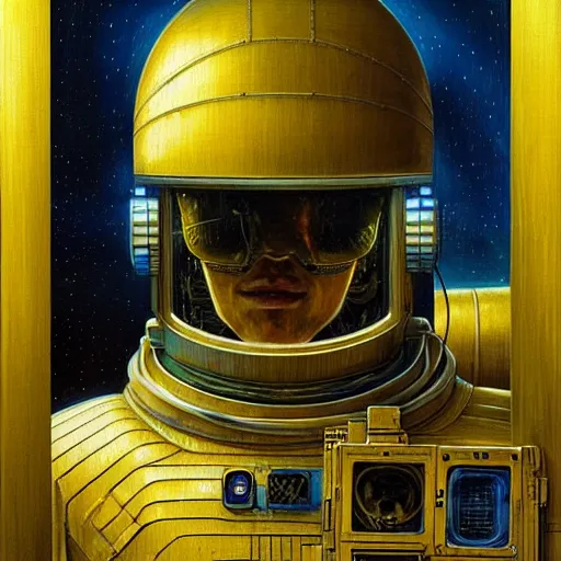 Image similar to cyberpunk astronaut, atmospheric lighting, painted, intricate, golden and blue hour, ultra detailed by peter gric, giger, enki bilal