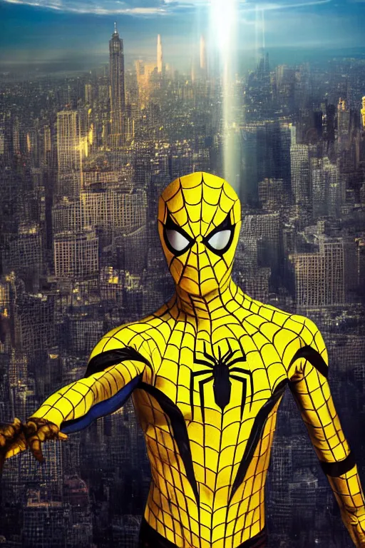 Prompt: yellow and metallic spider-man, character poster, dramatic lighting, atmospheric dust, intense lens flare, city backdrop