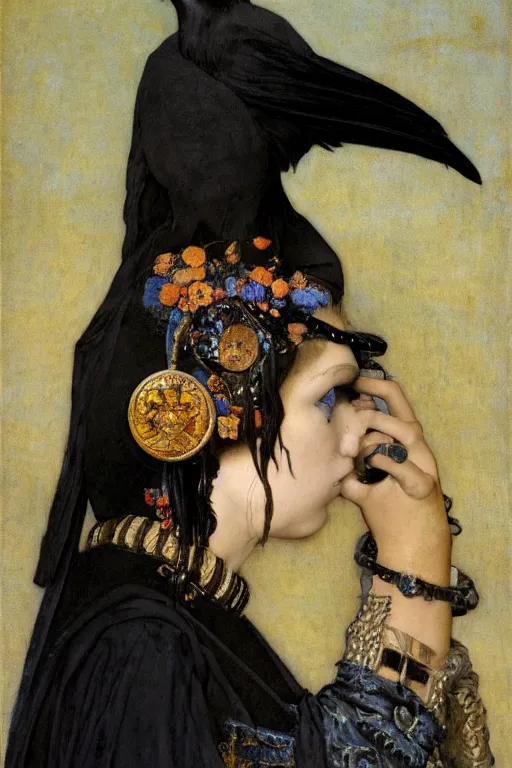 Image similar to a raven dressed as a goth shaman, by Annie Swynnerton and Nicholas Roerich and John Bauer and jean delville and John William Godward and Donato Giancola and Vermeer, black leather and embroidered velvet, iridescent beetles, rich color, dramatic cinematic lighting, featured on Artstation, extremely detailed