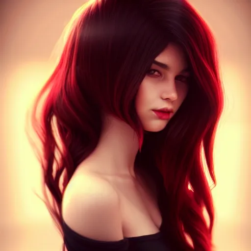 Image similar to a realistic illustration portrait of a beautiful cute girl with wavy black and red hair, a pointy nose and, round chin black eyeliner, trending on artstation, hyper - realistic lighting, intricate, ross tran, realistic hair