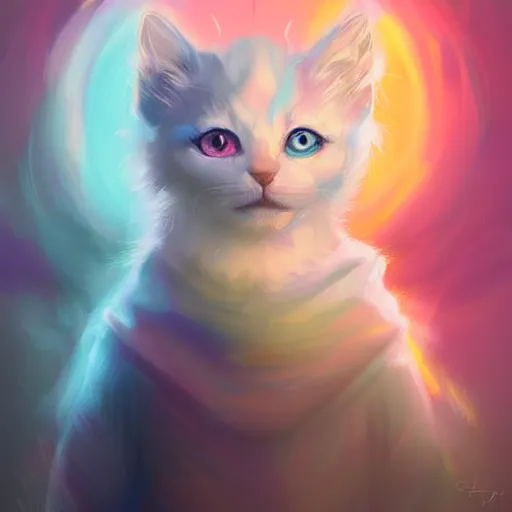 Image similar to colorful and Festive Captivating cute mage white kitten, with a blue hoodie, atmospheric lighting, painted, intricate, highly detailed by Charlie Bowater