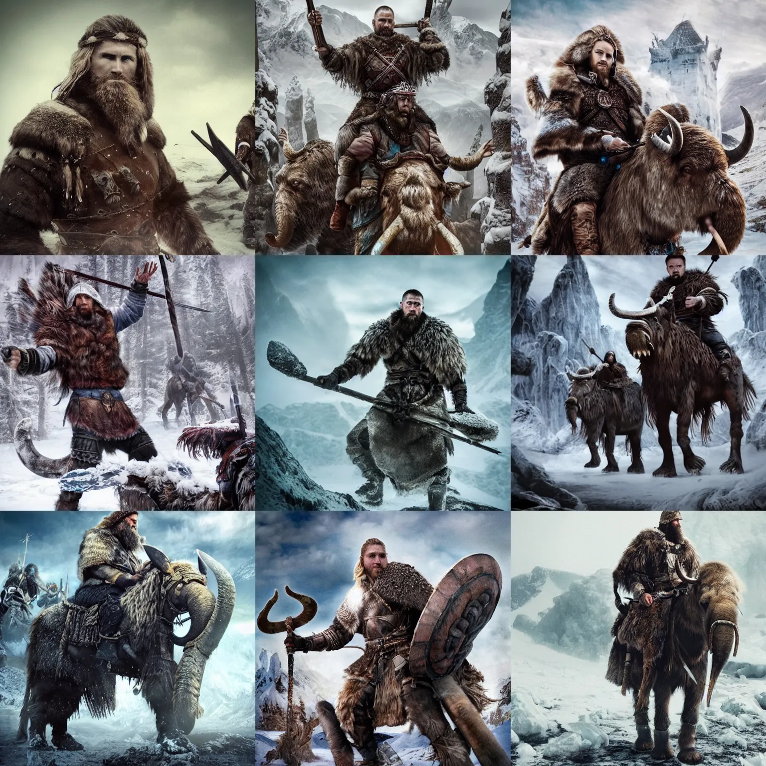 Prompt: cold warrior ice warrior hyperborian nomadic viking riding a mammoth fantasy