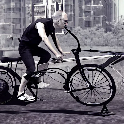 Image similar to albert hofmann riding a dj super bike step thru to work 4 k photorealism