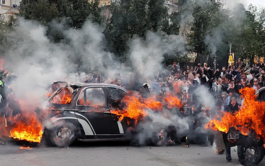 Image similar to an austrian police car burning with people dancing in a ritual around it