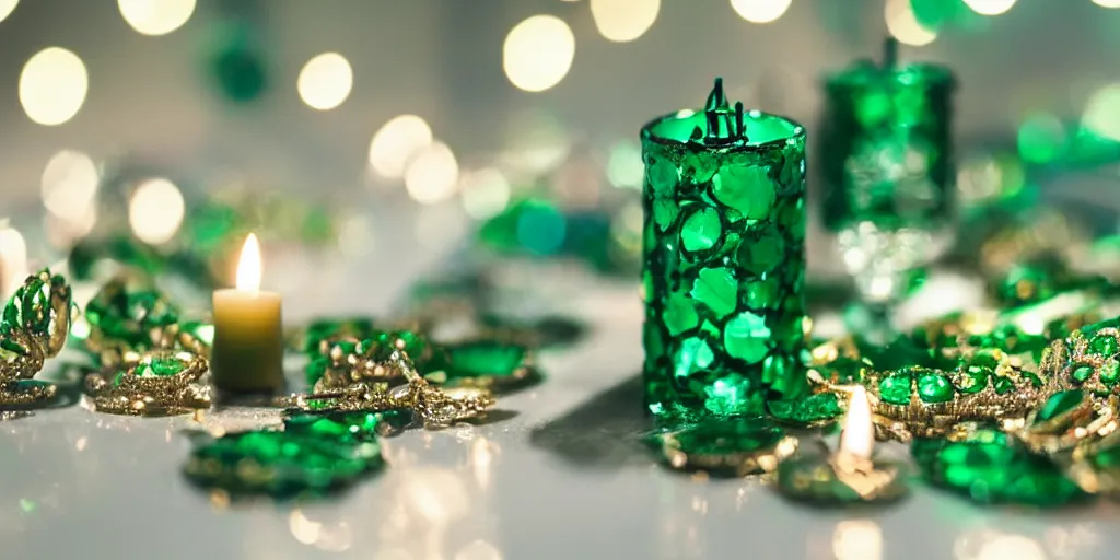 Prompt: jewels and emeralds at night candle bokeh