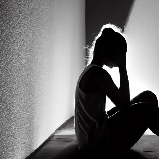 Prompt: Silhouette of a girl crying and trying to hide her tears, sitting in a dark room, with a faint light coming through, professional award winning photography, black and white, law of the thirds
