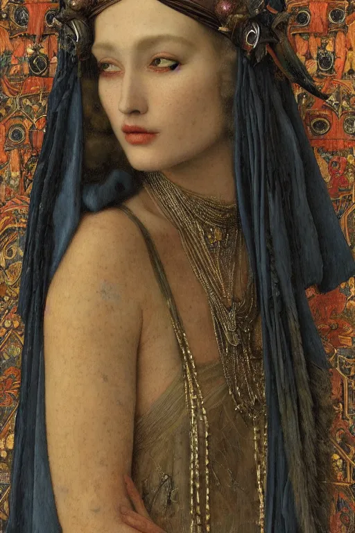 Image similar to portrait of the crow queen, by Donato Giancola and John Bauer and John William Godward and Vermeer, embroidered velvet, iridescent beetles, rich color, ornate headdress, flowing robes, lost runes, ancient civilizations,featured on Artstation, cgisociety, unreal engine, extremely detailed