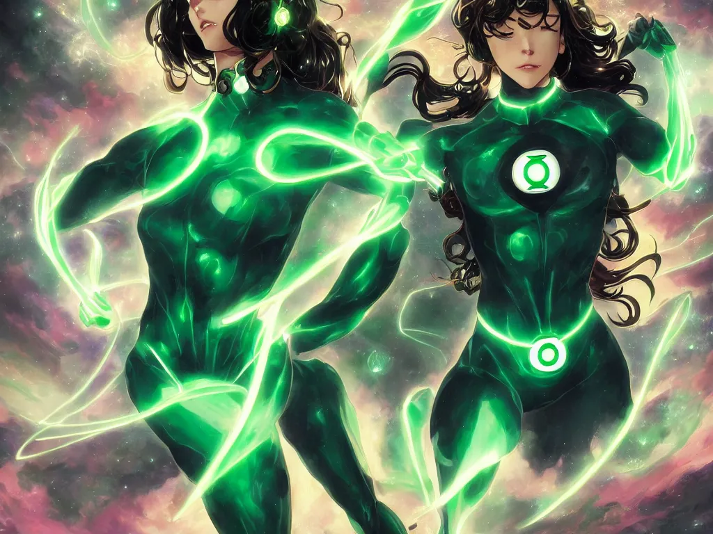 Image similar to anime key visual of one beautiful female green lantern, dc comics, power, hope, glowing, intricate, in space, stunning, highly detailed, digital painting, artstation, smooth, hard focus, illustration, art by artgerm and greg rutkowski and alphonse mucha