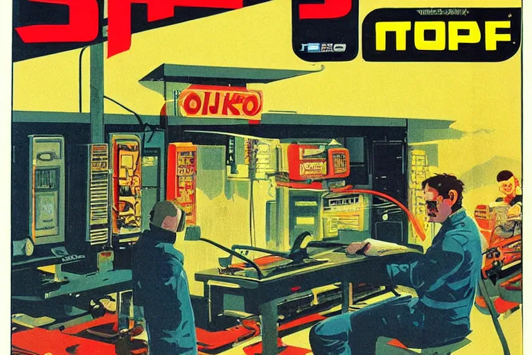 Image similar to 1979 Popular science Magazine Cover of a tv repair shop in neo-Tokyo in cyberpunk soviet style by Vincent Di Fate