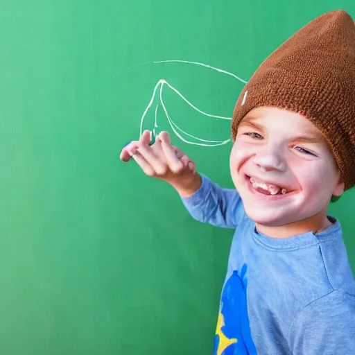 Image similar to a kid grinning wearing a blue sock hat over his eyes, green shirt and brown jumping high in the air painting, high details