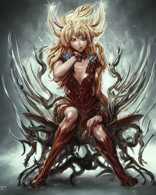 Prompt: A beautiful female demon posing on a chair, beautiful face, highly detailed face, close-up, fantasy art, female art, in the style of masami kurumada, illustration, epic, fantasy, intricate, hyper detailed, artstation, concept art, smooth, sharp focus, ray tracing