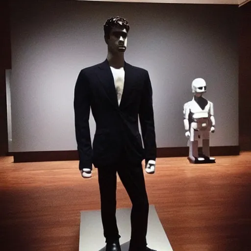 Image similar to “ a realistic detailed photo of a guy who is an attractive humanoid who is half robot and half humanoid, who is a male android, actor liam hemsworth, shiny skin, posing like a statue, blank stare, at the museum, on display ”