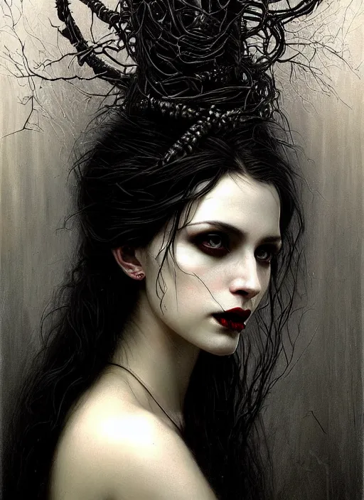 Image similar to highly detailed oil painting | very intricate | cinematic lighting | black, white and blood color scheme, dark background | portrait of a exquisite beautiful vampire woman with long elegant tangles of black hair, eyes, gothic fog ambience, hyper realistic head, fantasy victorian art, in the style of greg rutkowski, zdizslaw beksinski, intricate, alphonse mucha