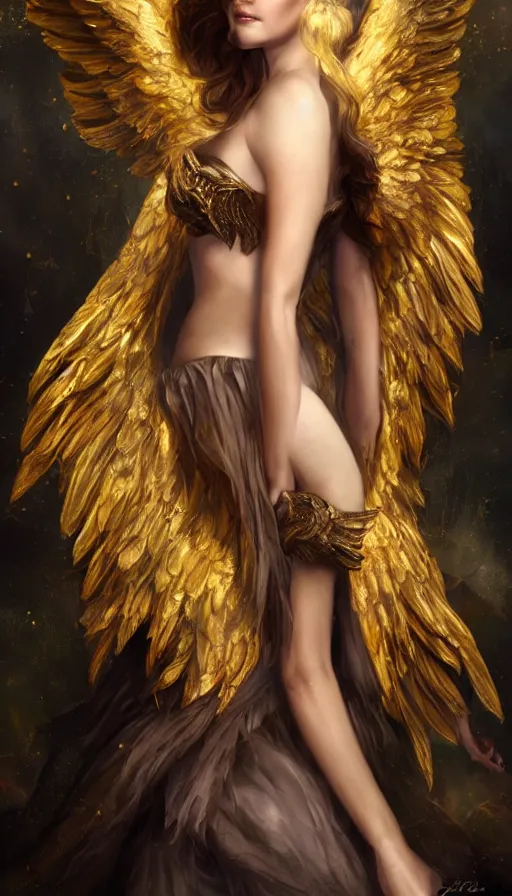 Prompt: a beautiful woman archangel big golden wings, full body, 8 k, hyperrealistic, sharp focus, hyperdetailed, beautiful face, long dark hair, dark fantasy, fantasy portrait by laura sava