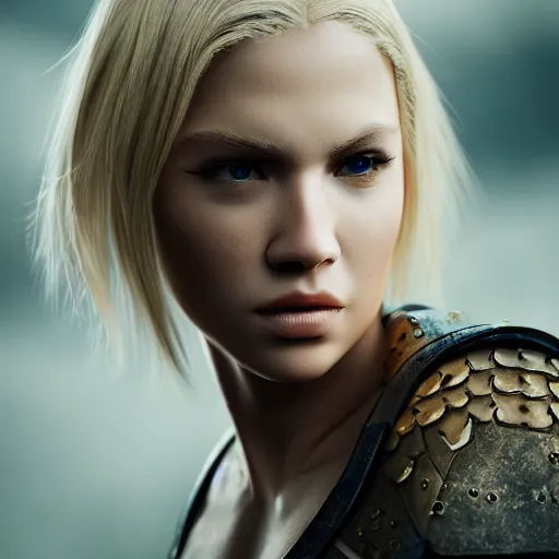 Prompt: legendary pretty blond female warrior, shallow depth of field, moody lighting, 8 k, concept art,