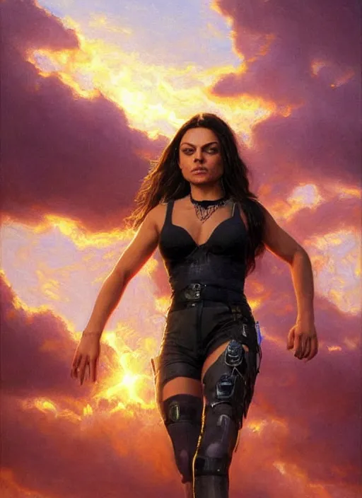 Image similar to epic portrait of Mila Kunis wearing black choker, a very strong muscled Amazon heroine, sun beams across sky, pink golden hour, intricate, elegance, highly detailed, shallow depth of field, epic vista, concept art, art by Artgerm and Donato Giancola, Joseph Christian Leyendecker