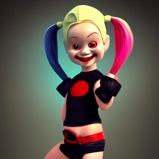 Image similar to baby harley quinn with pigtail like pebbles flintstones full body, big head, large smile, pixar style, happy, chill out, trending, trending on artstation