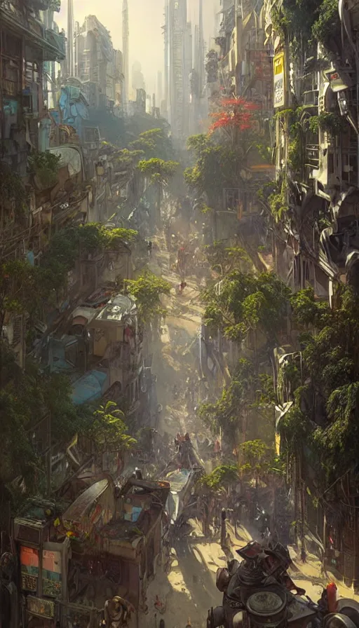 Image similar to hyper realistic cyberpunk city, busy crowded market street overtaken by lush plants, gnarly trees by tom bagshaw, mucha, gaston bussiere, craig mullins, j. c. leyendecker 8 k