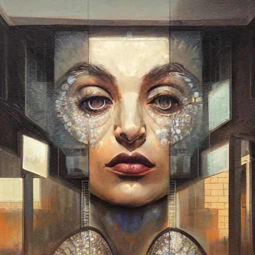 Image similar to detailed face of a woman with obsidian eyes in a architectonic courtyard with dna sculptures at a science expo, atmospheric, ambient, pj crook, syd mead, livia prima, artgerm, greg rutkowski, nick alm, casey baugh