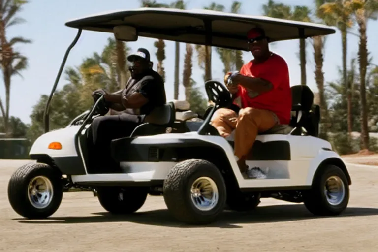 Image similar to dennis rodman driving a golf cart, movie still, from the new gone in 6 0 seconds movie, 8 k, hd, cinematic lighting