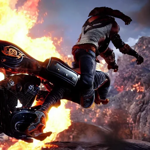 Image similar to kratos jumping a black harley - davidson motorcycle off a cliff, cinematic render, playstation studios official media, god of war 2 0 1 8, flames, centered