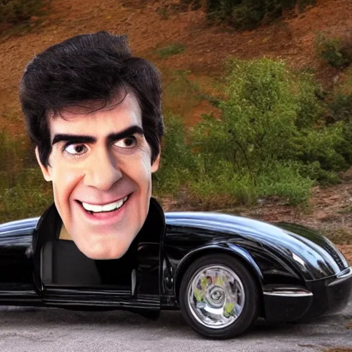 Image similar to Giant head of david copperfield with four wheels