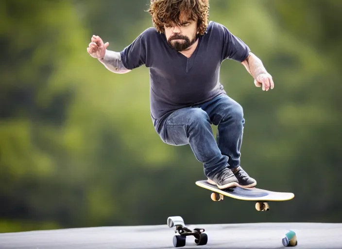 Image similar to dslr photo still of peter dinklage on a skateboard flying through the air, 4 k, 1 2 0 mm f 1 6