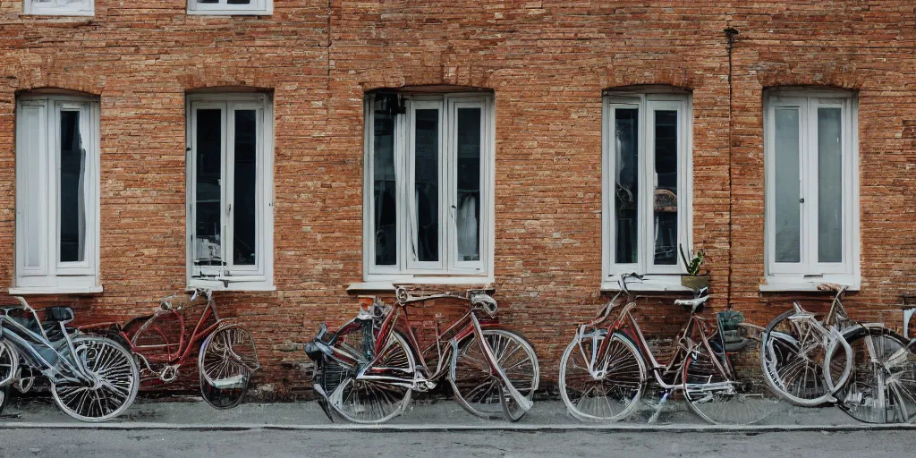 Prompt: looking out a window there's a building and bicycles and cars