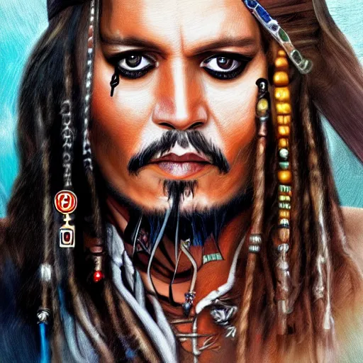 Image similar to portrait of johnny depp as captain jack sparrow, highly detailed, centered, solid color background, digital painting